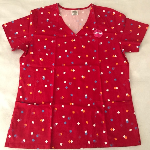 Walmart - Confetti Throw Red Printed Scrub Top (S) - Picture 1 of 2